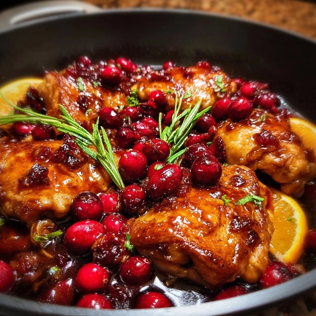 Skillet Cranberry Orange Chicken garnished with fresh herbs on a plate.