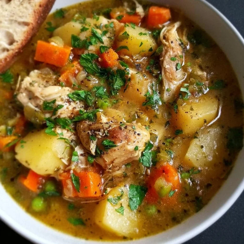 Bowl of hearty slow cooker chicken stew with vegetables.