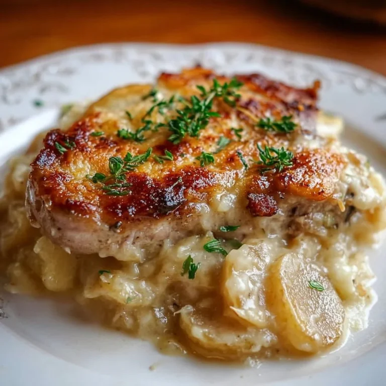 Smothered pork chop casserole with scalloped potatoes in a rustic dish