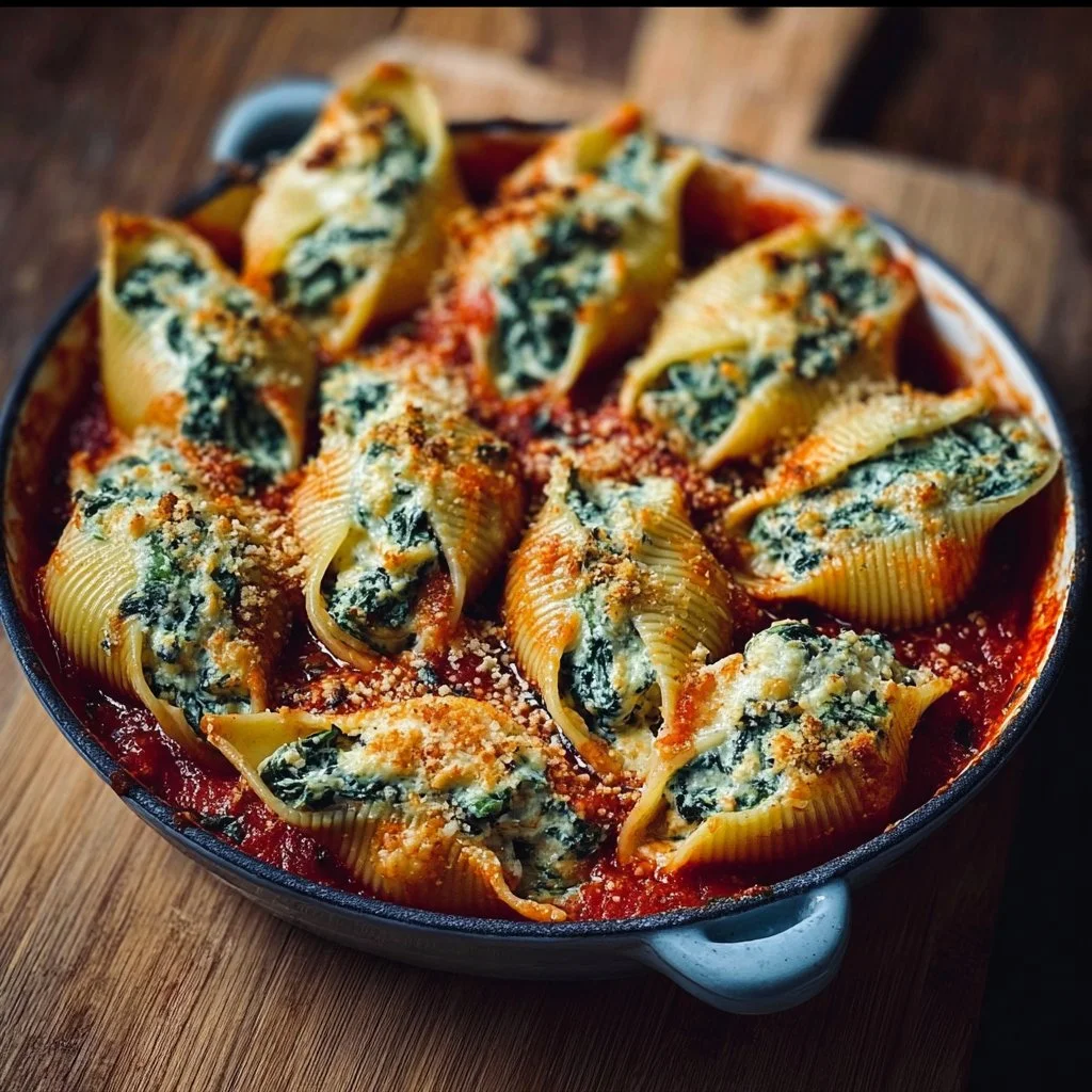 Delicious spinach and ricotta stuffed shells topped with marinara sauce.