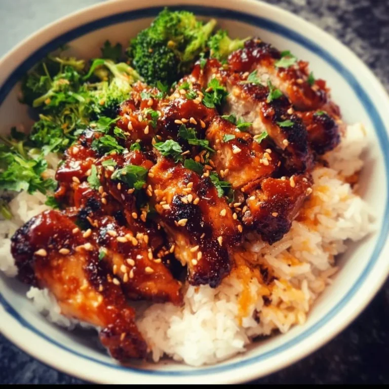 Delicious Sticky Chicken Rice Bowls topped with fresh herbs and vegetables