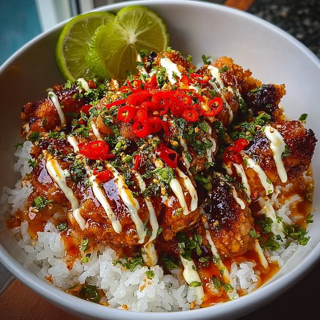Sweet Chili Chicken Bowl topped with Coconut Lime Drizzle