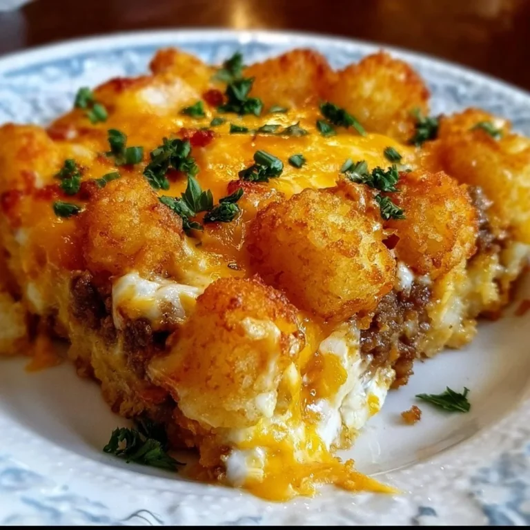 Delicious Tater Tot Casserole topped with golden crispy tater tots