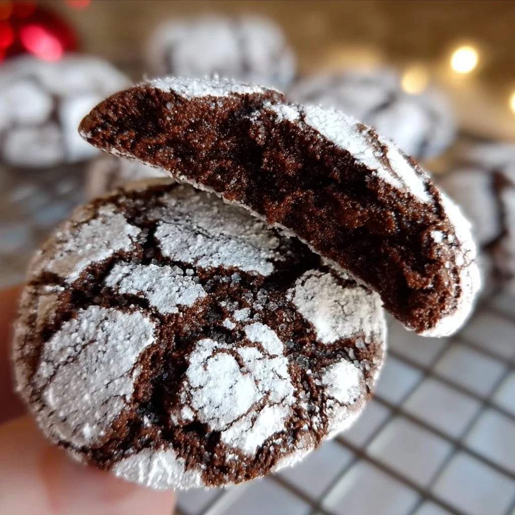 Delicious chocolate crinkle cookies dusted with powdered sugar on a plate.