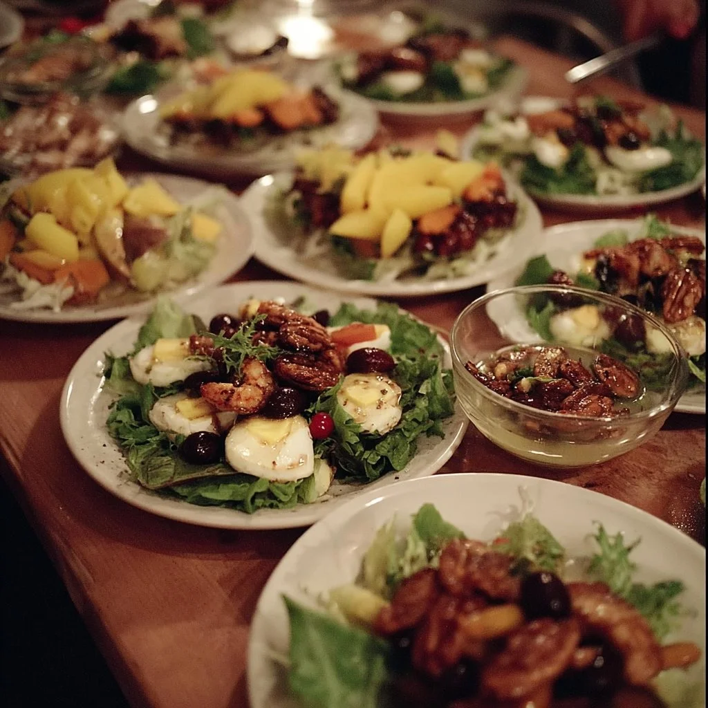 A beautifully arranged dinner party table featuring elegant dishes and table settings.
