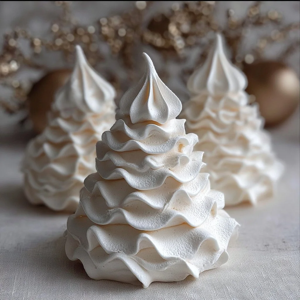 Colorful Tree Meringue Cookies arranged for a festive dessert display.