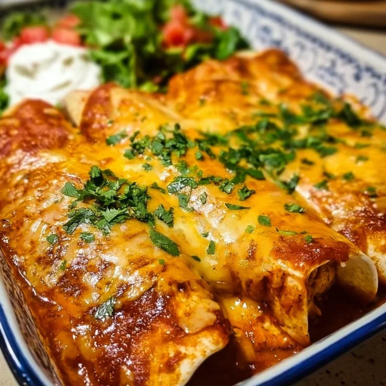 Plate of quick and easy chicken enchiladas topped with cheese and fresh cilantro