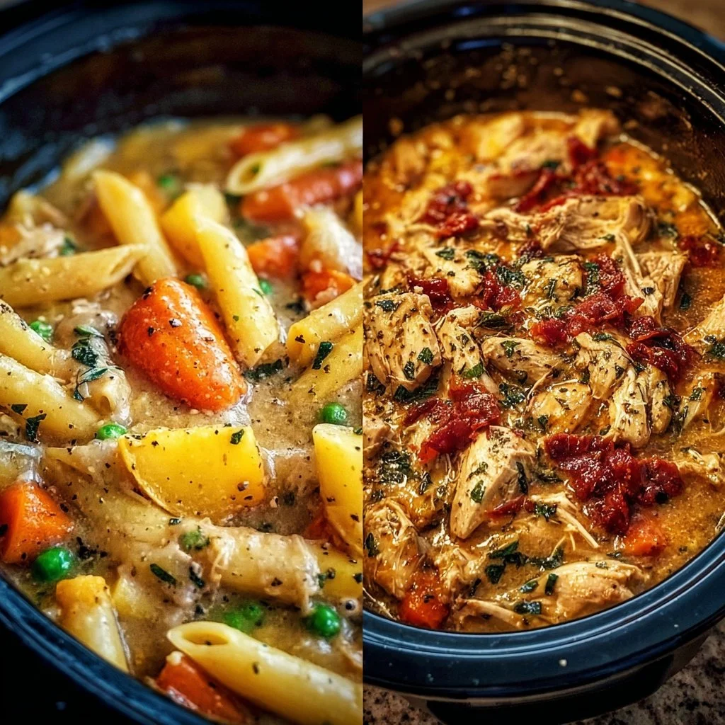 Comforting fall crockpot dinner dishes ready to serve in a cozy setting.