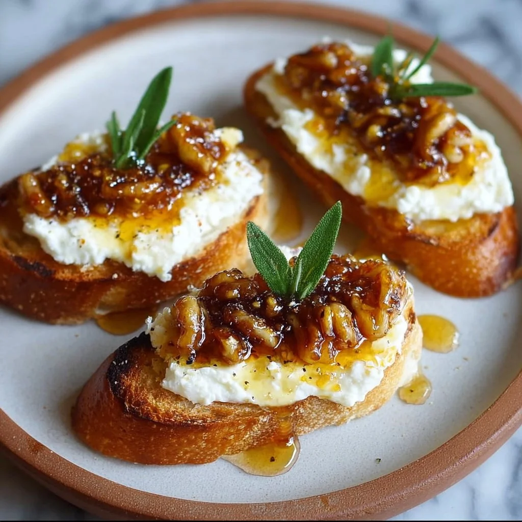 Whipped feta crostini topped with hot honey on a serving platter