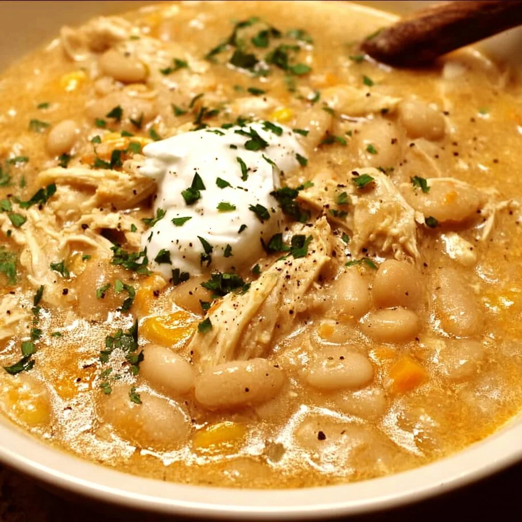 Bowl of delicious white chicken chili garnished with cilantro and lime.
