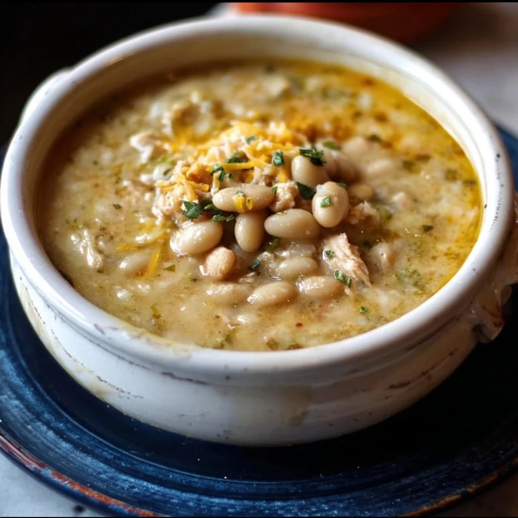 A bowl of homemade white chili topped with cheese and cilantro