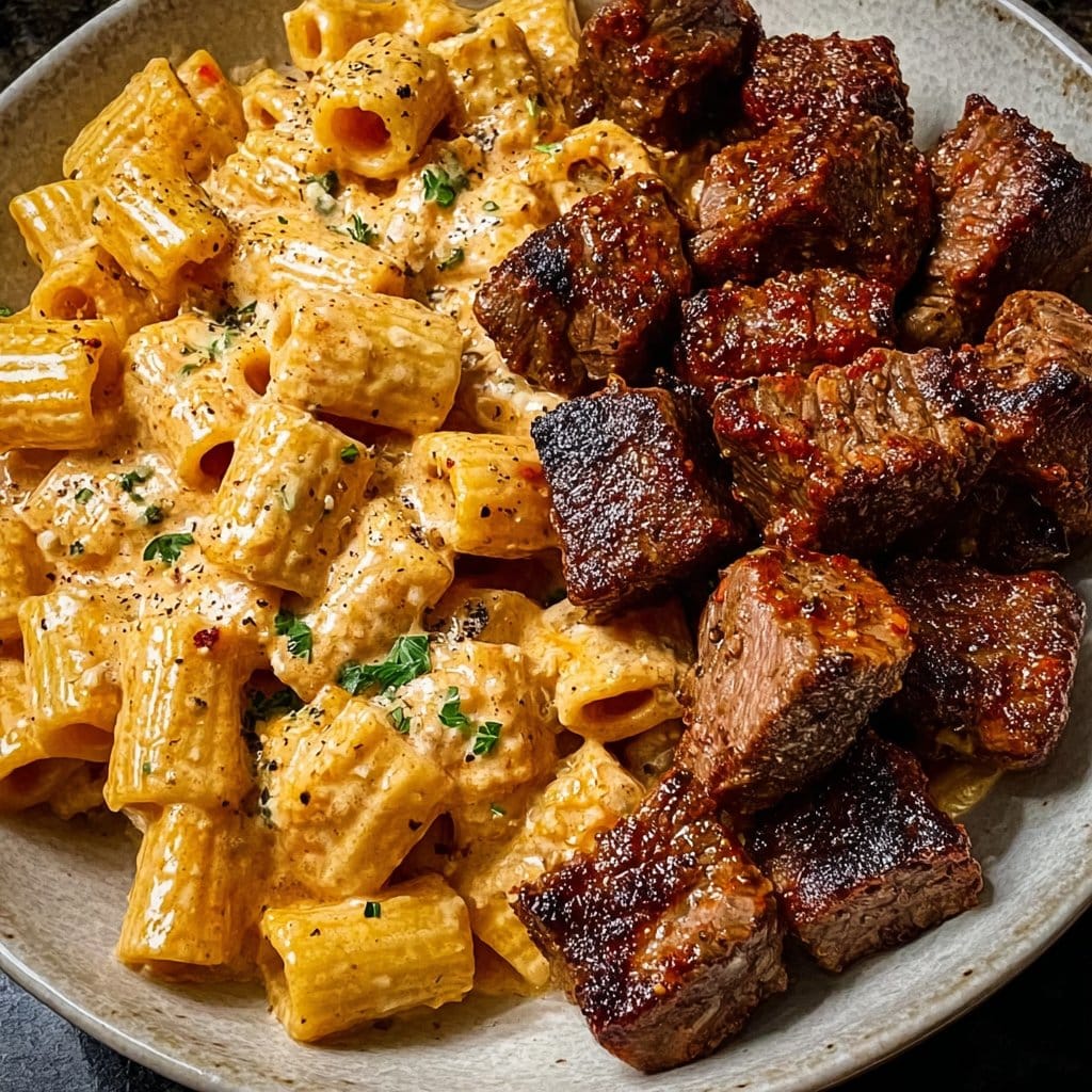 Cajun Steak Tips with Creamy Parmesan Rigatoni