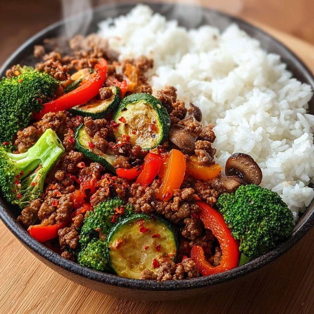 Spicy Ground Beef Stir-Fry Bowl with Garlic Veggies & Steamy Rice