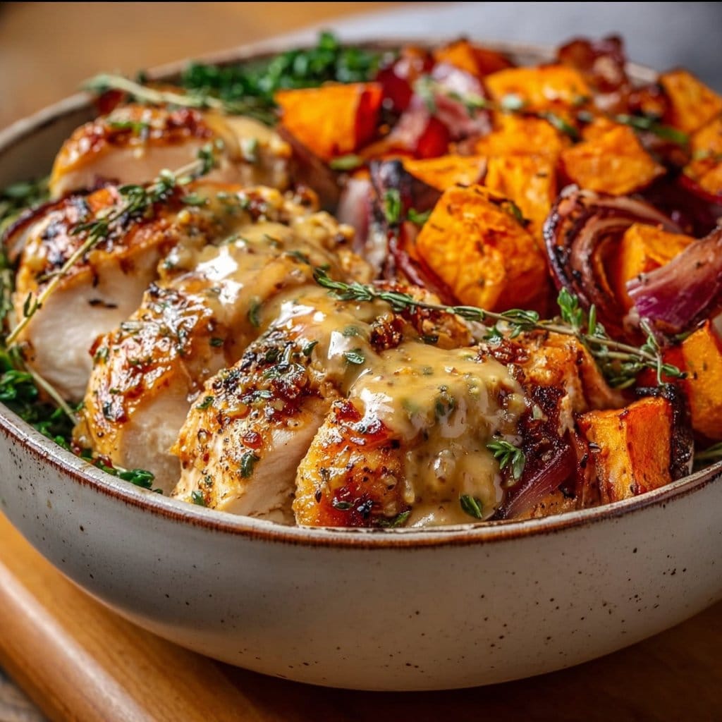 Maple Dijon Chicken & Roasted Sweet Potato Bowl