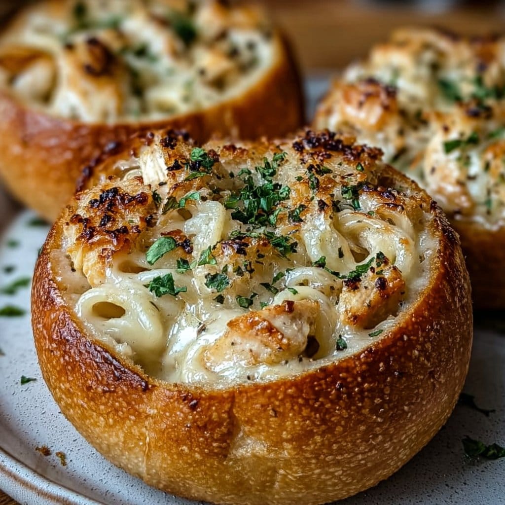 Chicken Alfredo Garlic Bread Bowls