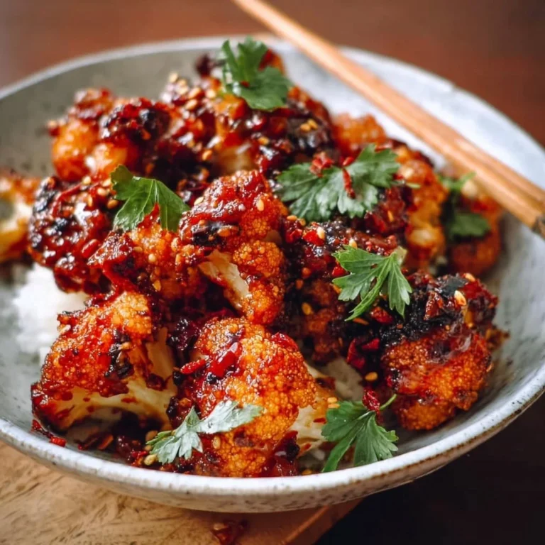Air-fried Korean chili cauliflower served on a plate with garnish