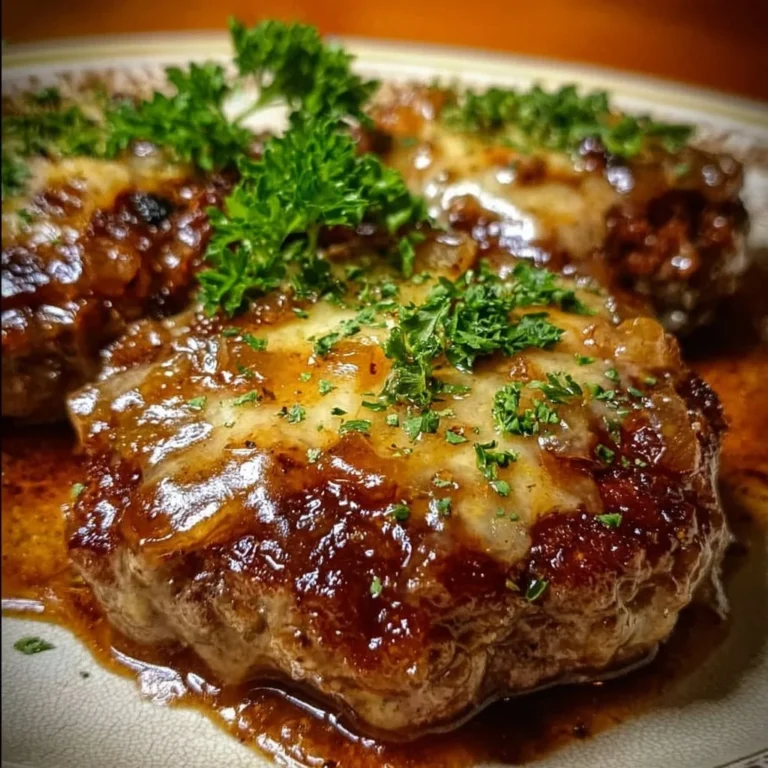 Amish Hamburger Steak Bake served in a casserole dish, garnished and ready to eat
