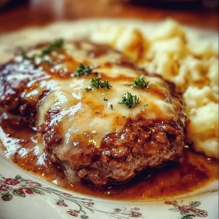 Amish Hamburger Steak Bake served on a plate, garnished with herbs.