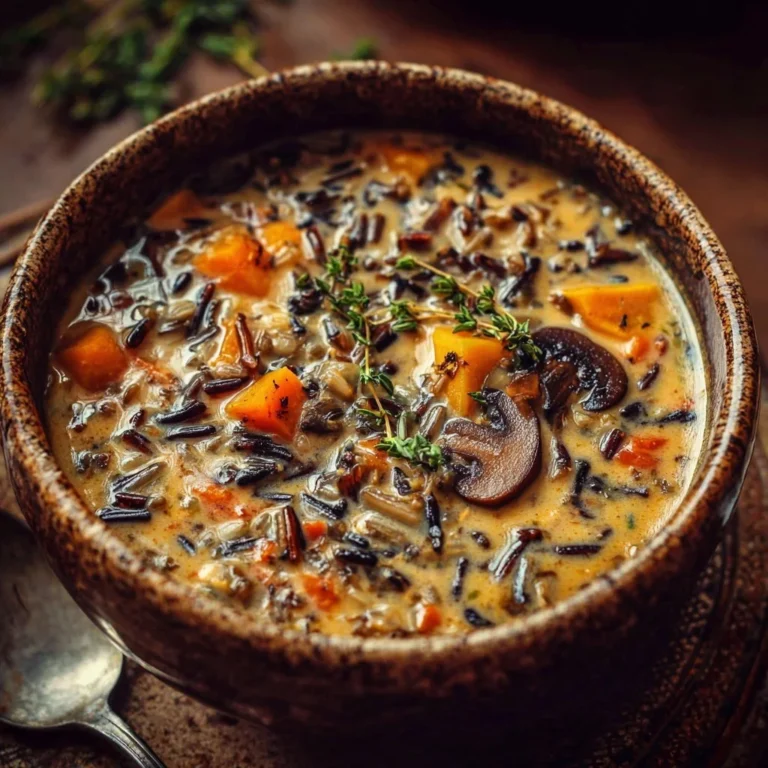 Bowl of autumn wild rice soup garnished with herbs and vegetables