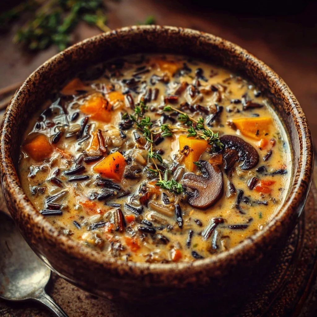 Bowl of autumn wild rice soup garnished with herbs and vegetables