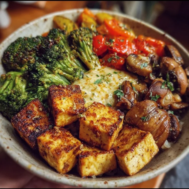 Baked tofu and veggie bowl served in a colorful dish