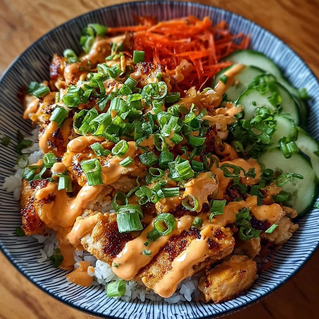 Bang Bang Chicken Bowl with spicy sauce and fresh ingredients