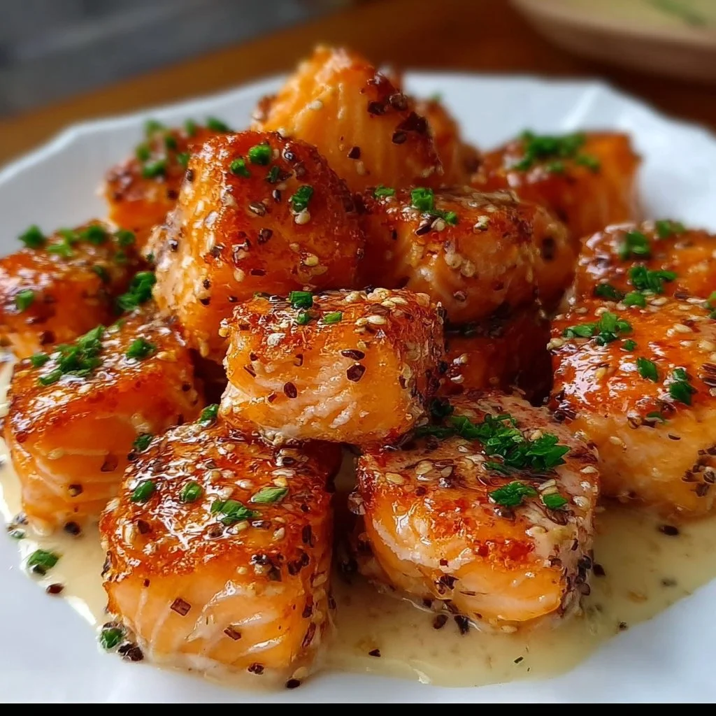 Delicious Bang Bang Salmon Bites served with spicy sauce.