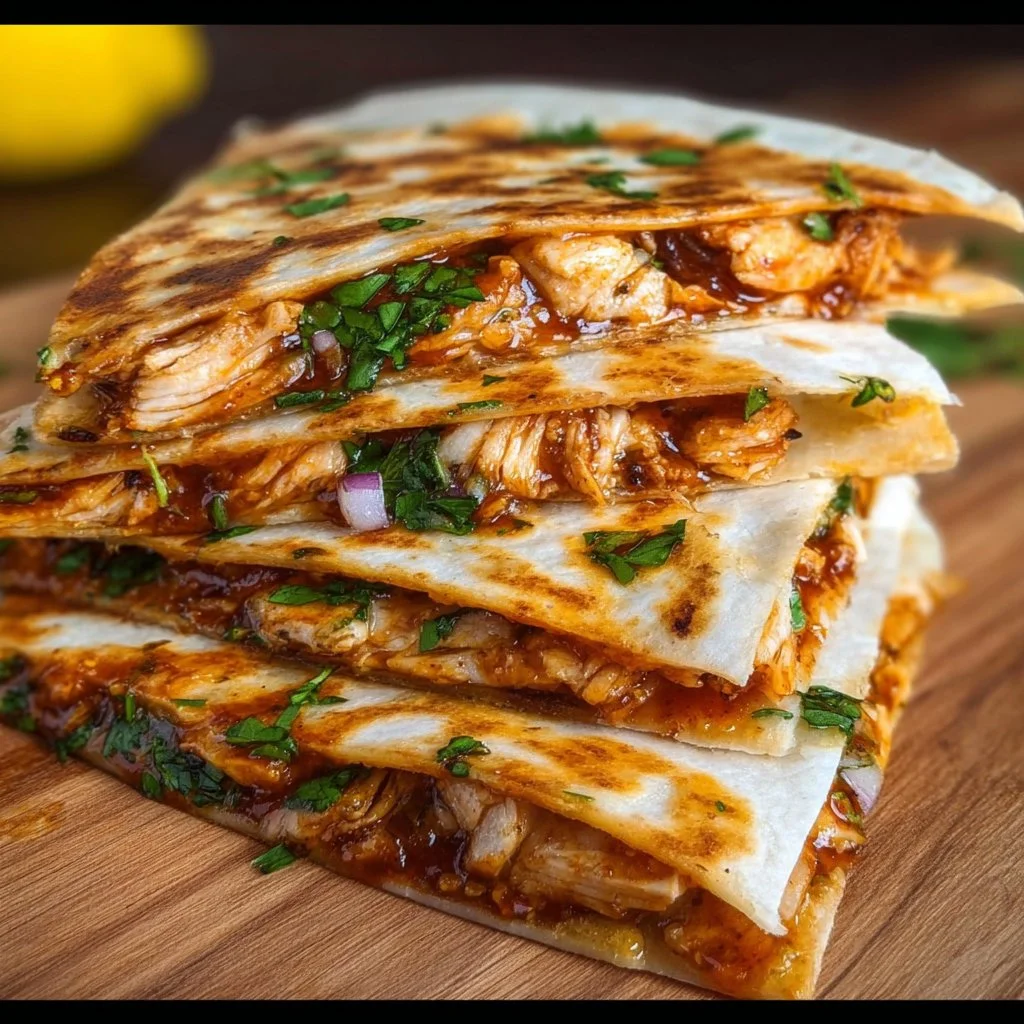 BBQ Chicken Quesadillas served on a plate with toppings