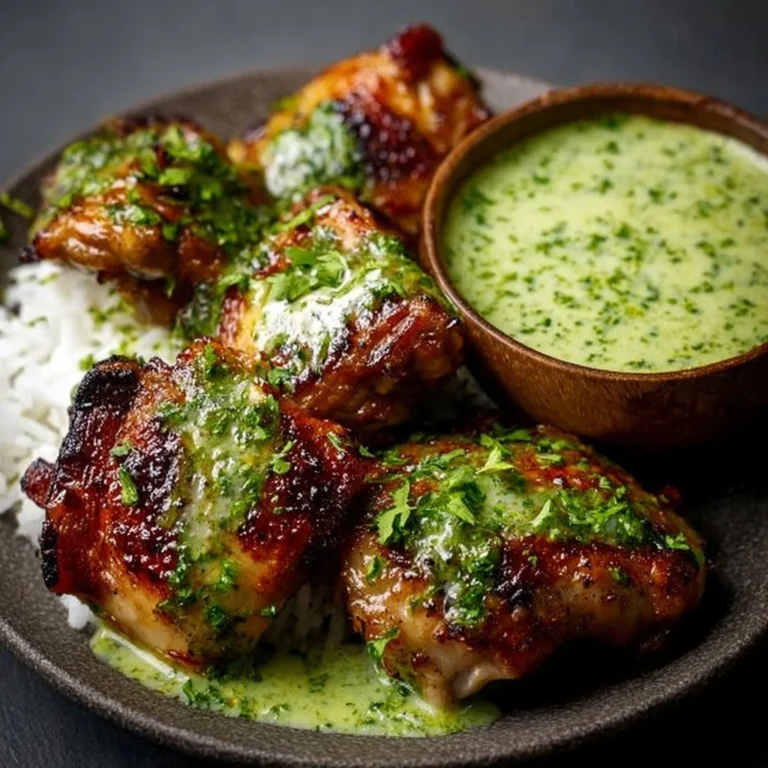 Delicious Peruvian chicken served with creamy green sauce on a plate