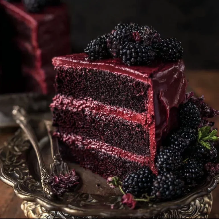 A slice of Blackberry Velvet Gothic Cake with blackberries and velvet texture.