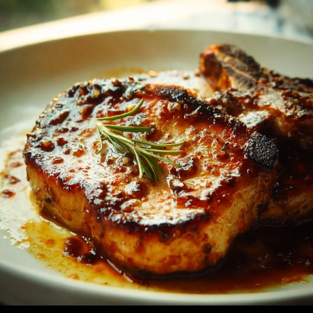 Delicious Brown Sugar Pork Chops served with vegetables and a sweet glaze.