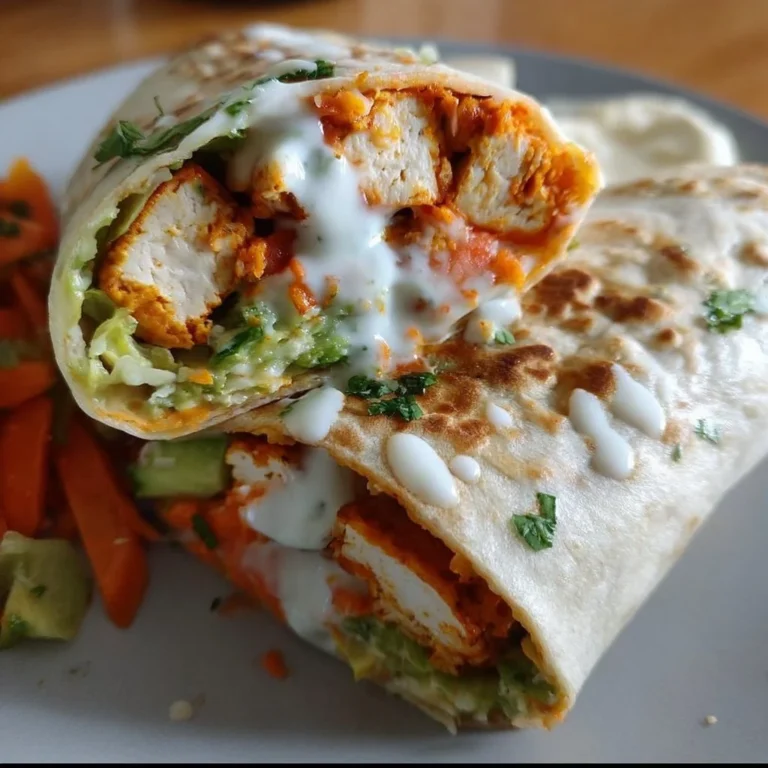 Delicious Buffalo Tofu Wrap drizzled with easy vegan ranch sauce