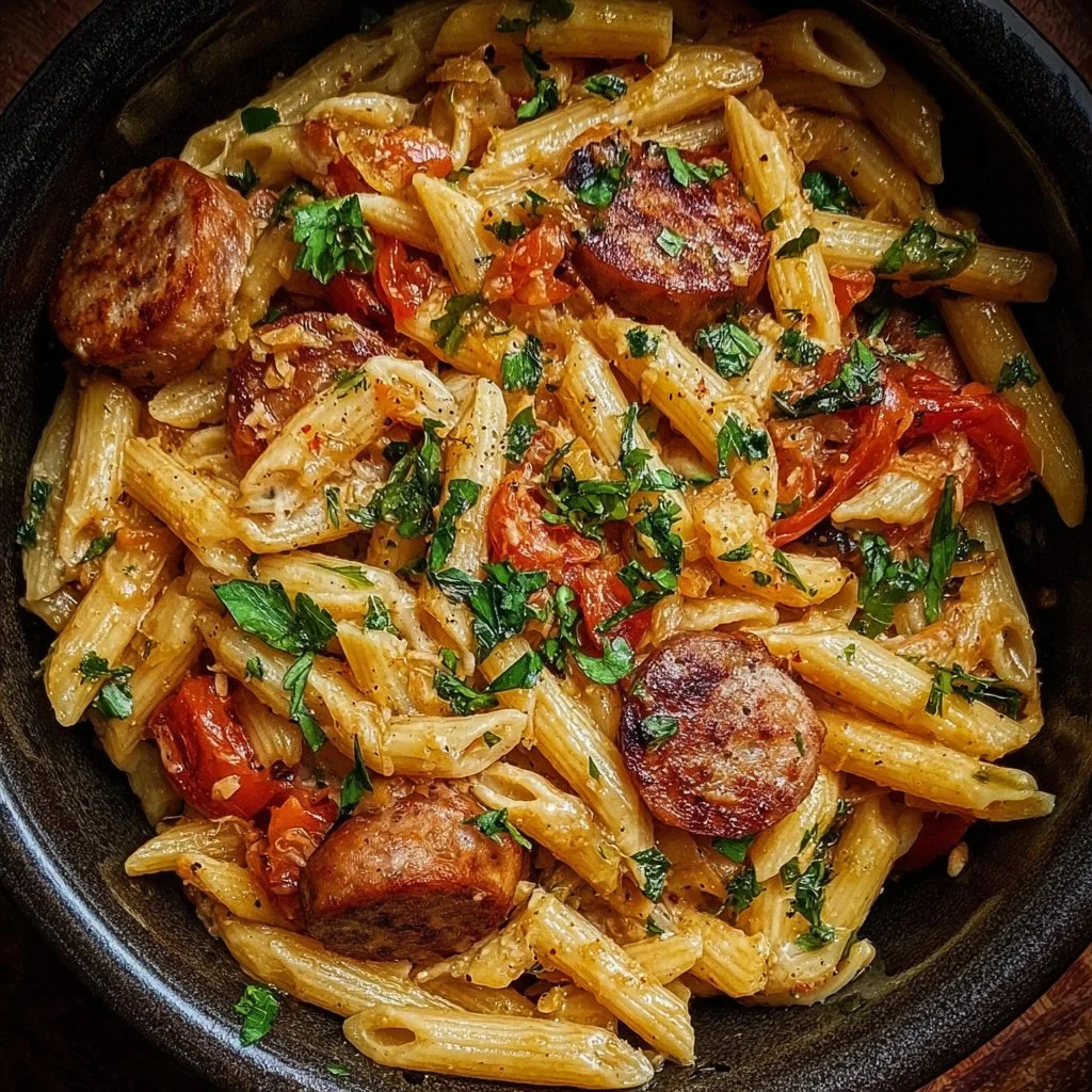 Delicious Cajun Sausage Pasta served in a bowl with fresh herbs