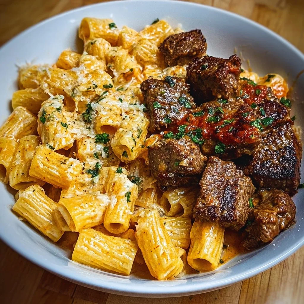 Delicious Cajun steak tips served with cheesy rigatoni pasta
