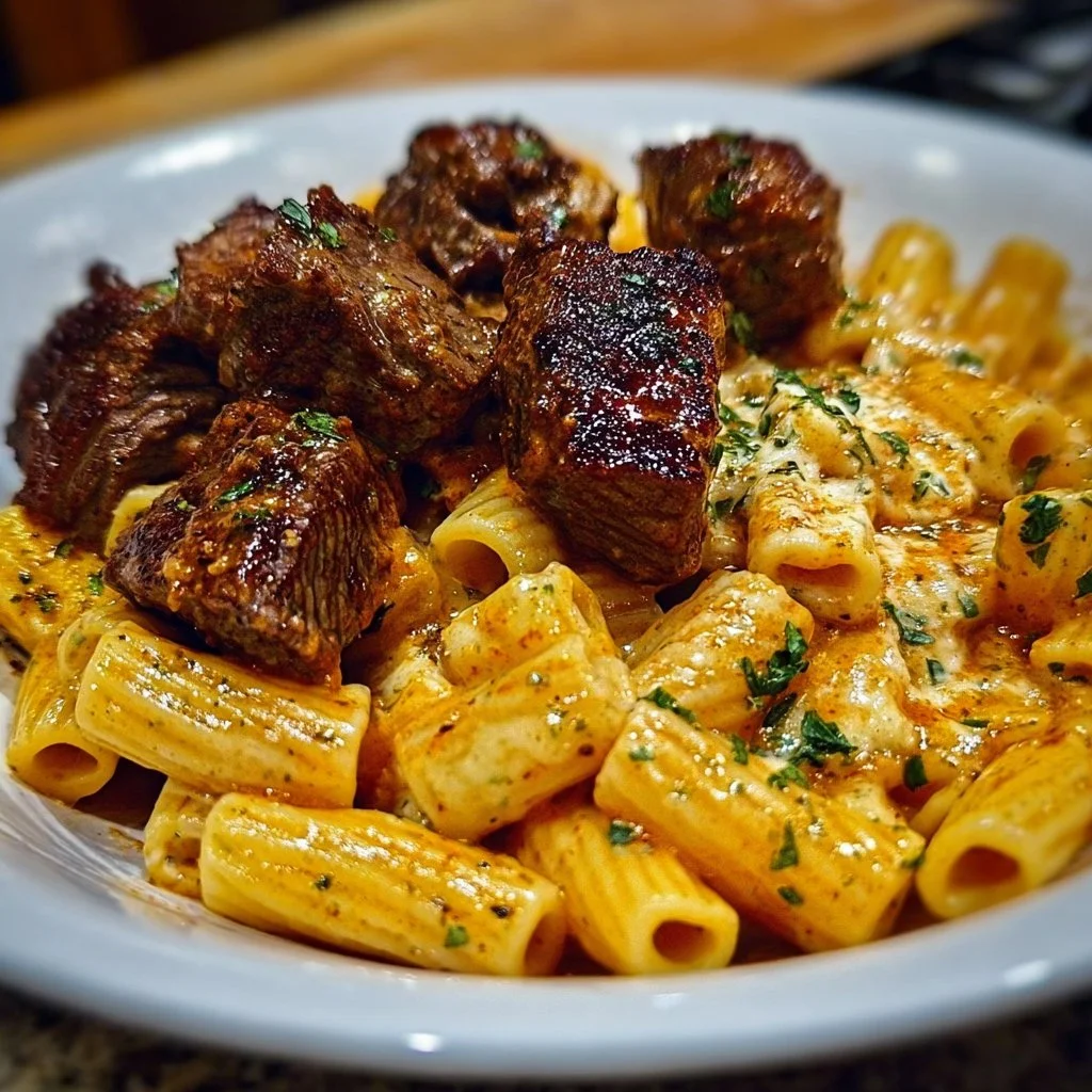 Delicious Cajun Steak Tips served with cheesy rigatoni on a plate