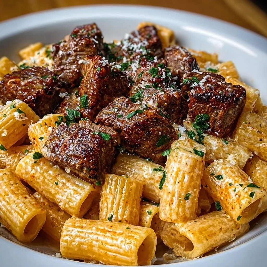 Cajun steak tips served with creamy Parmesan rigatoni in a gourmet dish