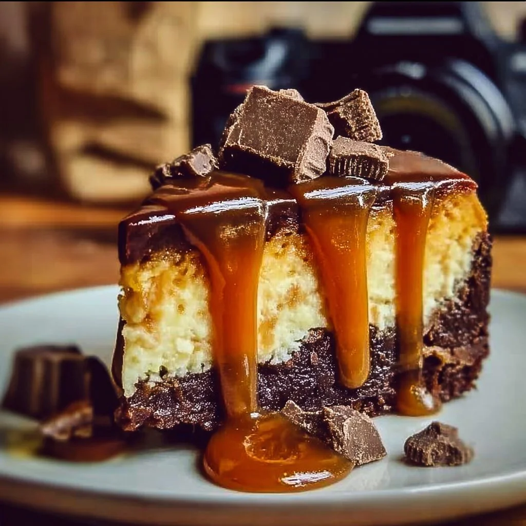 Delicious caramel brownie cheesecake layered with chocolate and cream cheese