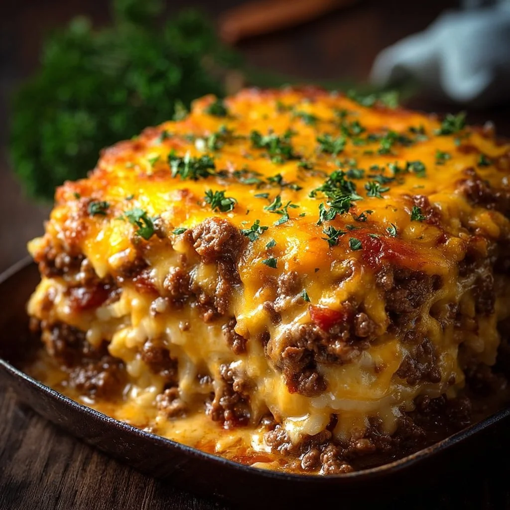 Delicious Cattle Drive Casserole ready to serve, showcasing hearty ingredients.