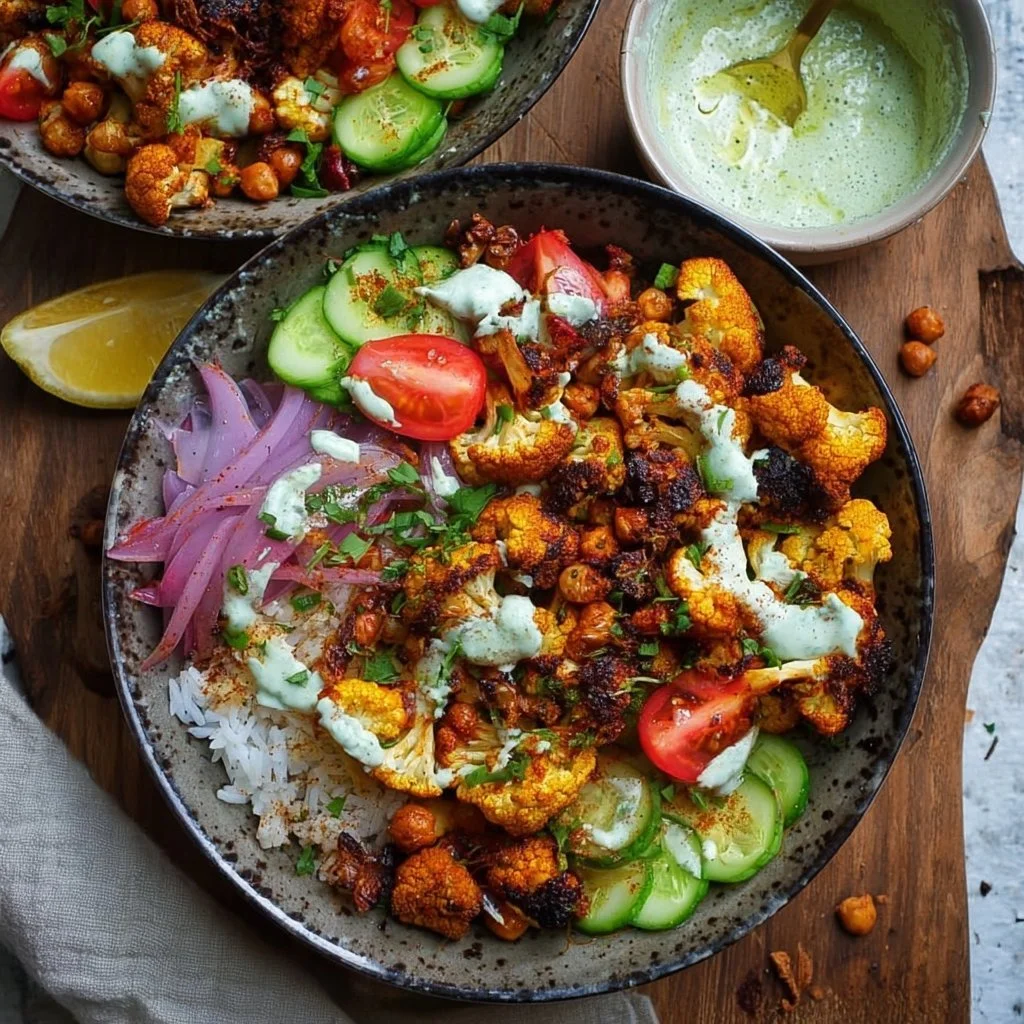 Deliciously prepared Cauliflower Shawarma Bowls with vibrant veggies and spices.