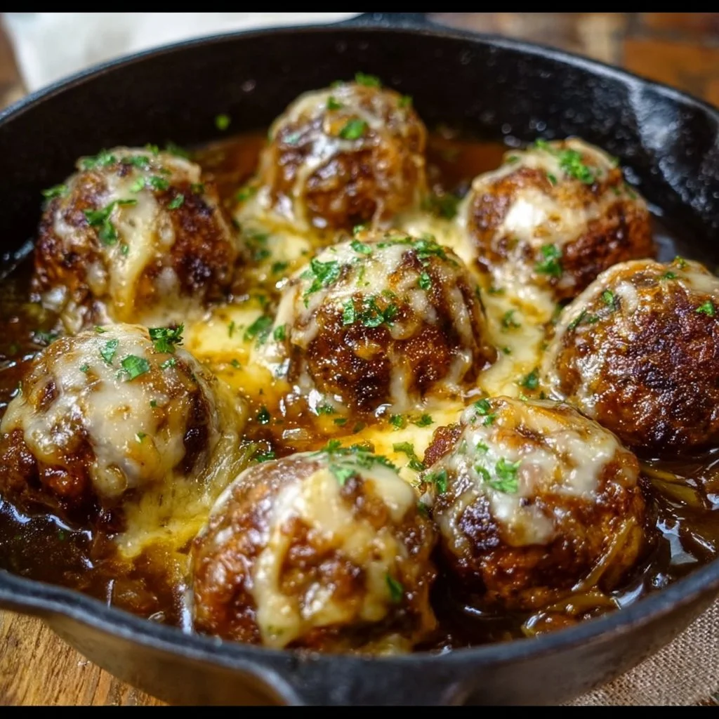 Cheesy French onion meatballs served with melted cheese and caramelized onions