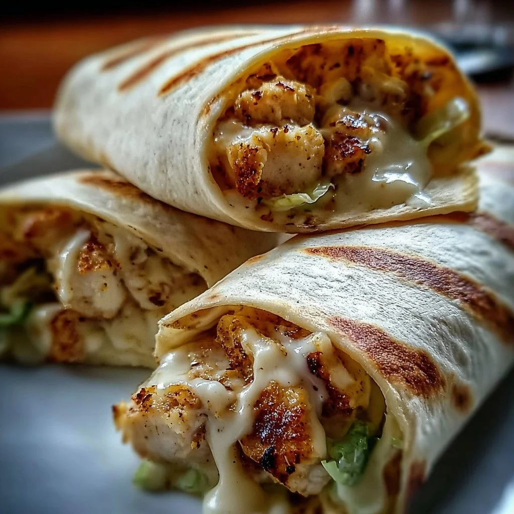 Delicious cheesy garlic chicken wraps ready to be served on a plate.