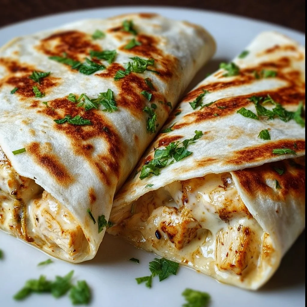Cheesy garlic chicken wraps served with fresh vegetables and sauce