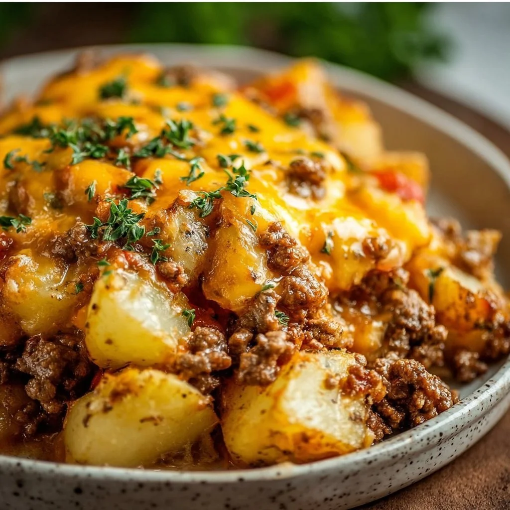Cheesy ground beef and potato casserole dish ready to serve