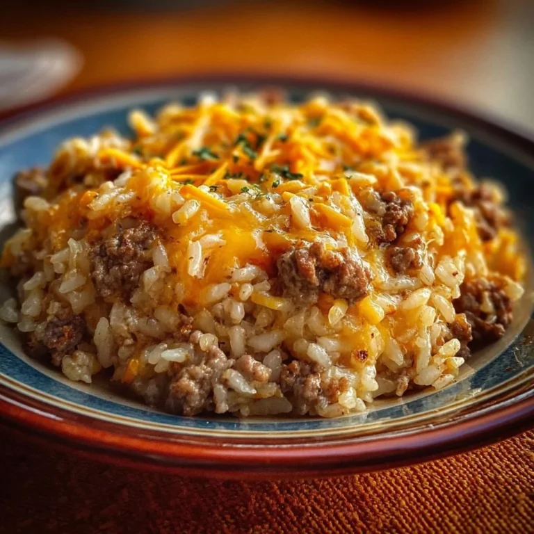Delicious cheesy hamburger rice casserole served in a baking dish