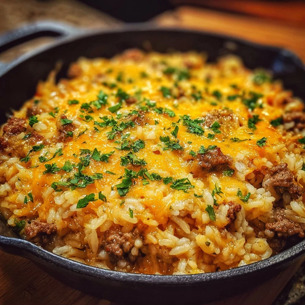 Cheesy Hamburger Rice Casserole dish served in a bowl