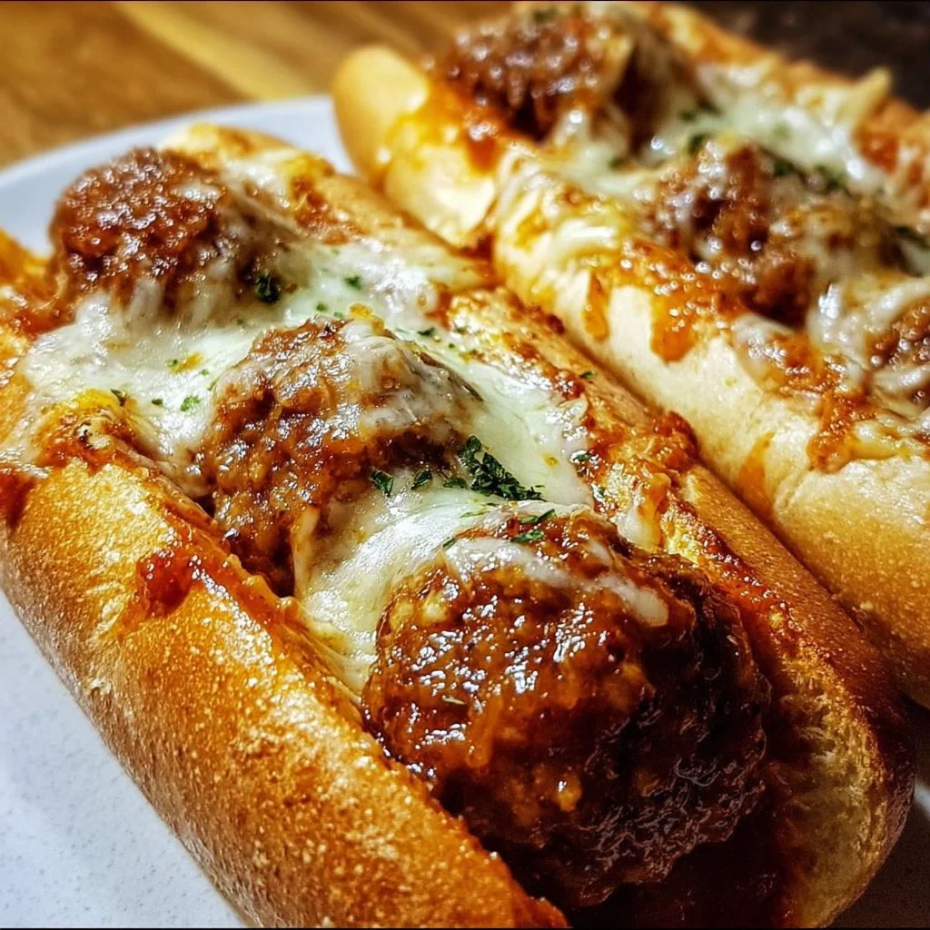 Delicious cheesy meatball subs with melted cheese and marinara sauce