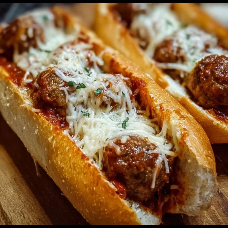 Delicious cheesy meatball subs with melted cheese and fresh herbs in a toasted bun