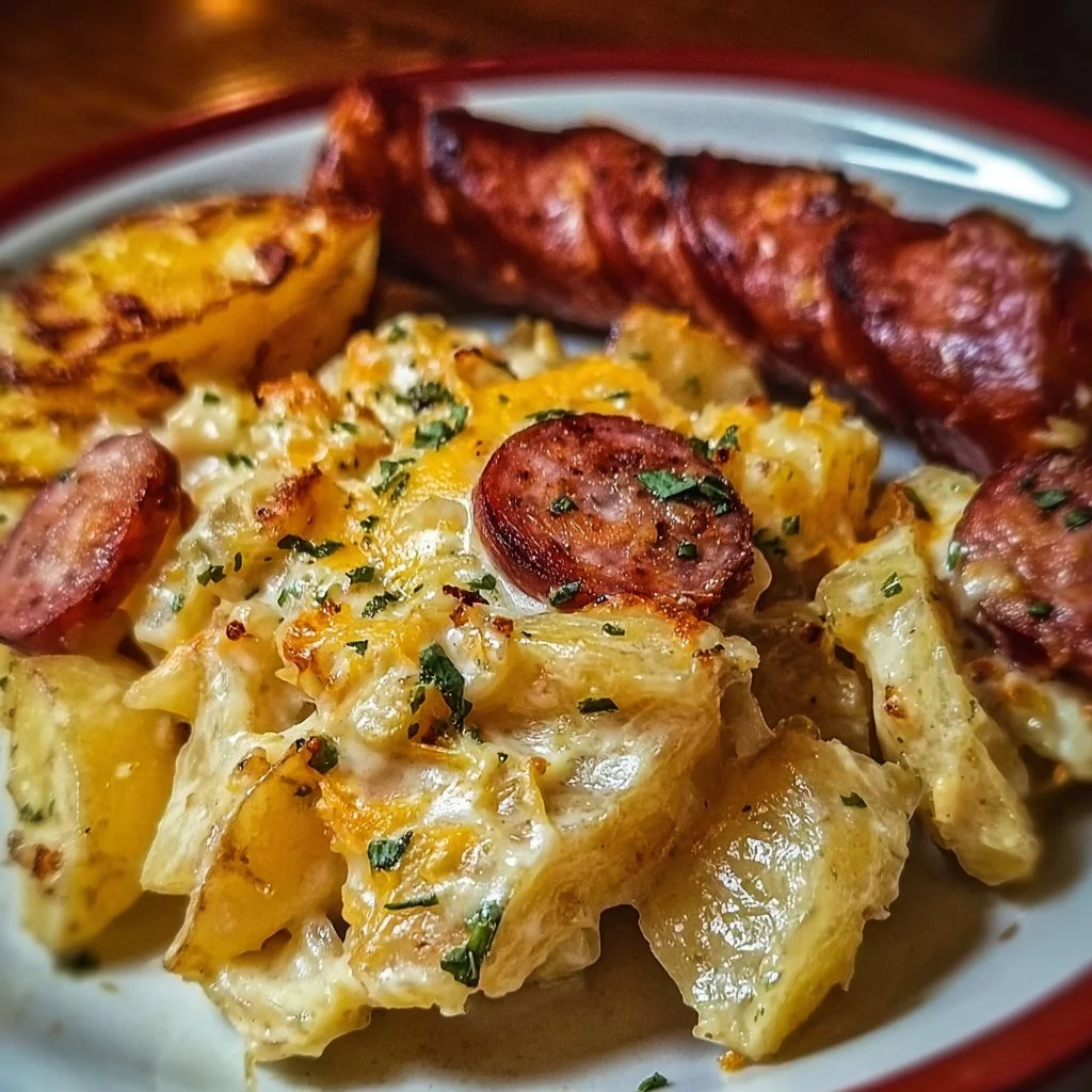 Cheesy ranch potatoes and smoked sausage served on a plate.