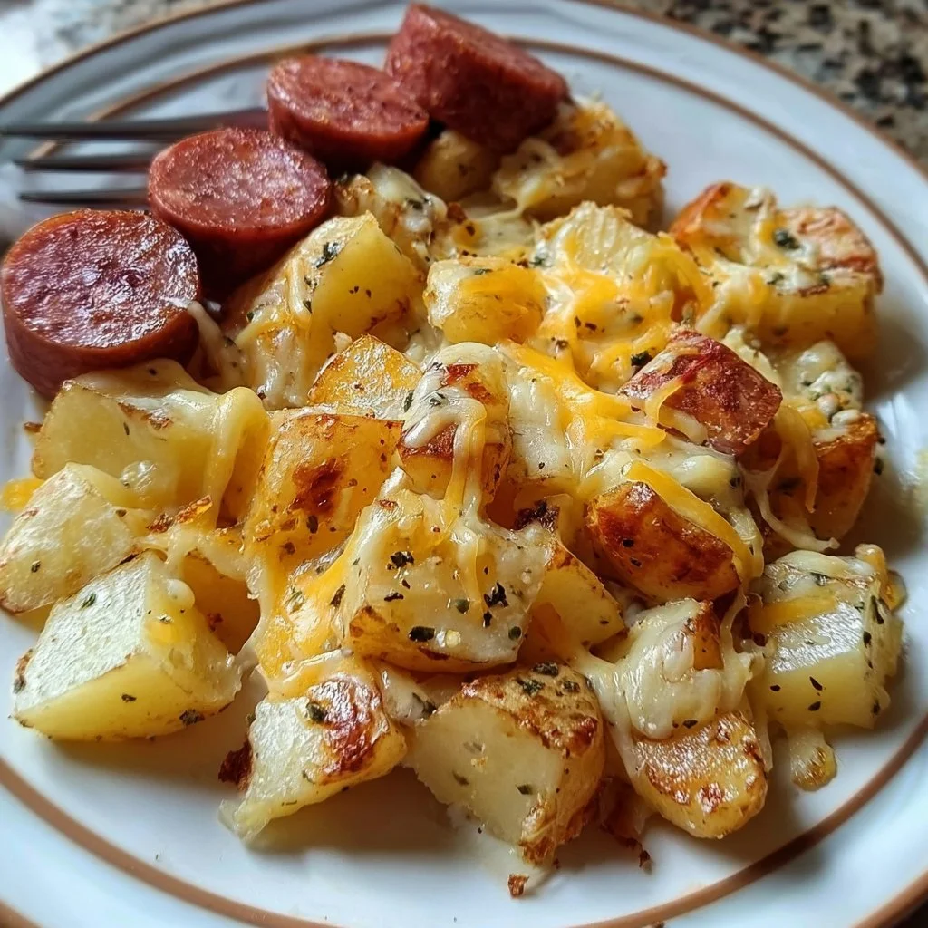 Baked Cheesy Ranch Potatoes topped with smoked sausage in a serving dish