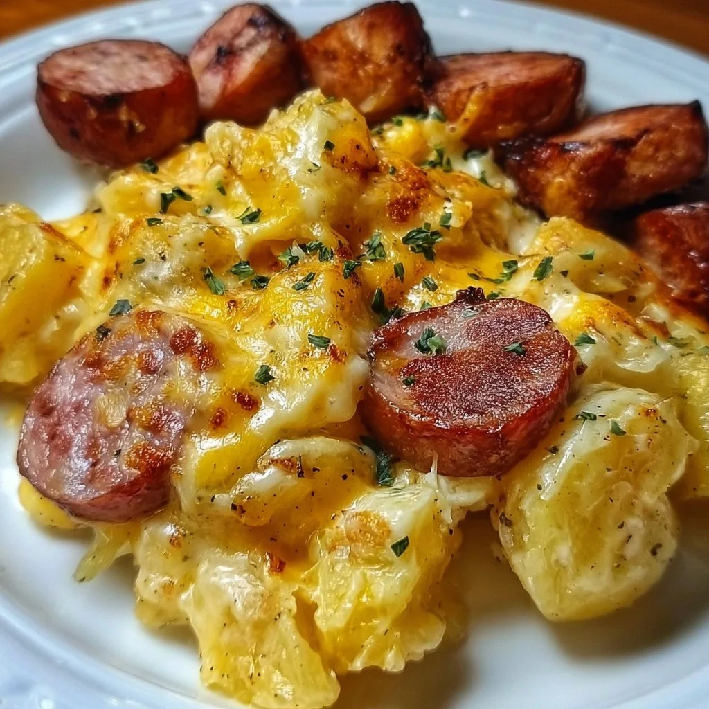 Cheesy Ranch Potatoes served with smoked sausage on a plate